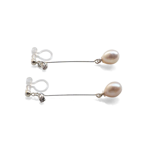 White Teardrop Freshwater Pearl Invisible Clip On Earrings (Silver tone) - Miyabi Grace