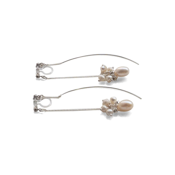 Double Sided White Freshwater Pearl Invisible Clip On Earrings (Silver tone) - Miyabi Grace