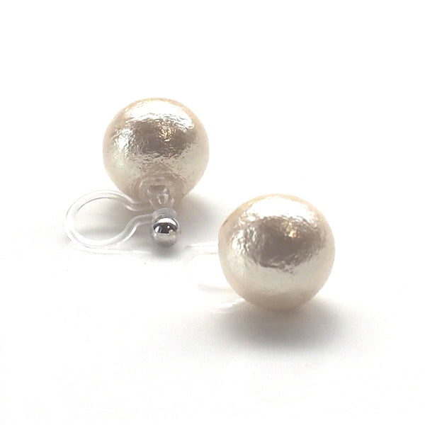 Ivory cotton pearl invisible clip on stud earrings - Miyabi Grace