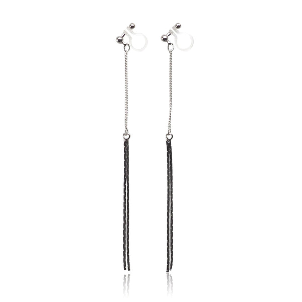 Metallic silver chain threader invisible clip on earrings - Miyabi Grace