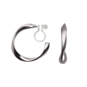 Comfortable pierced look dangle silver waved hoop invisible clip on earrings MiyabiGrace