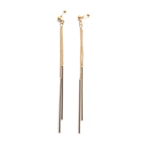 Comfortable pierced look dangle gold long threader bar invisible clip on earrings MiyabiGrace