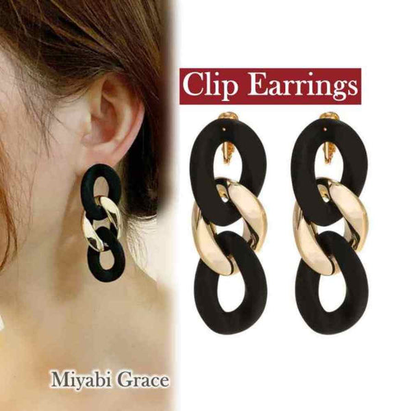 Dangle Gold & Black 3 Chains Screw-Back Clip On Earrings