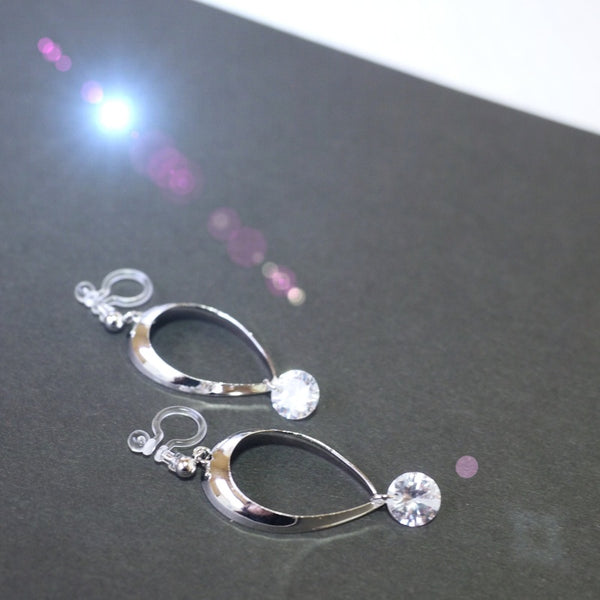 Dangle Teardrop CZ Cubic Zirconia Crystal Invisible Clip On Earrings