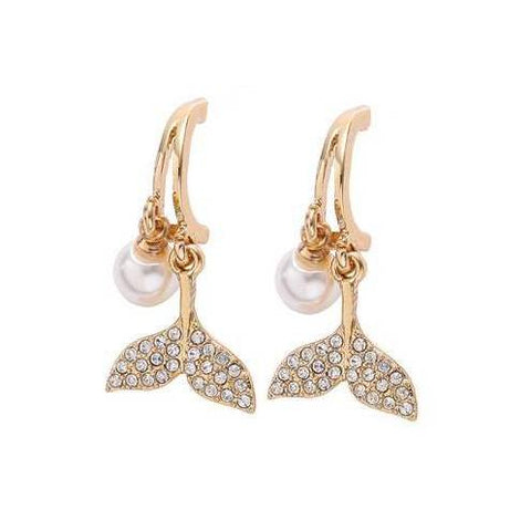 Dangle Dolphin Tail Crystal Rhinestone Gold Fish Tail Invisible Clip On Earrings