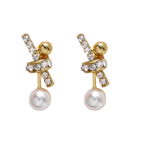 Gold V Crystal Rhinestone & Pearl Invisible Clip On Stud Earrings