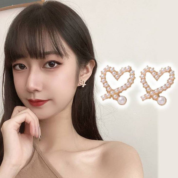 Open White Heart Pearl Gold Small Invisible Clip On Stud Earrings