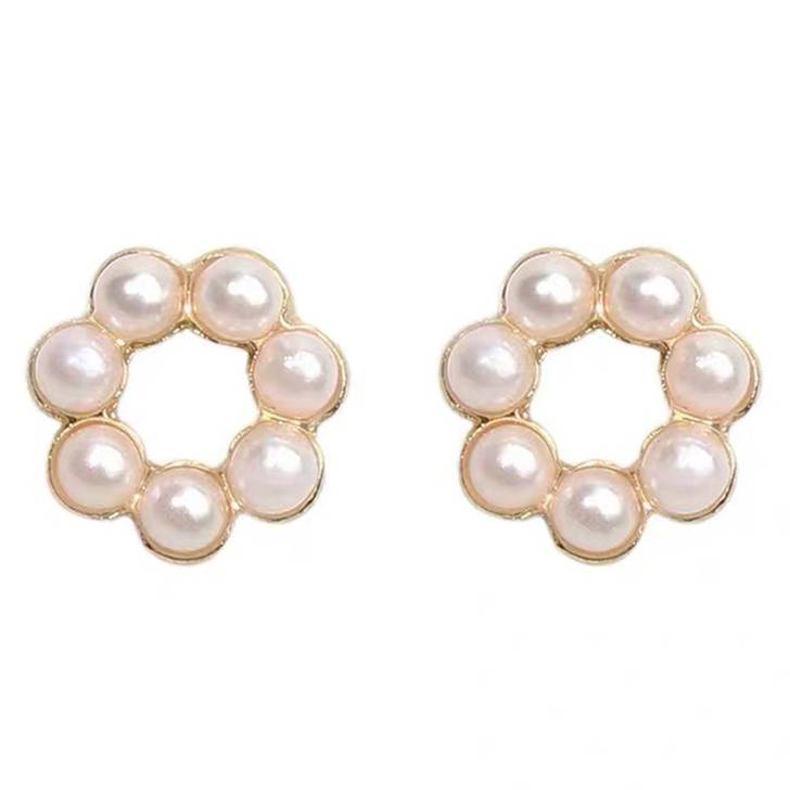 Small Gold Open Circle White Pearl Invisible Clip On Stud Earrings