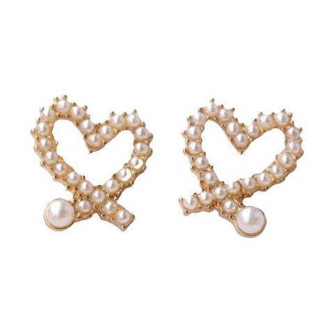 Open White Heart Pearl Gold Small Invisible Clip On Stud Earrings