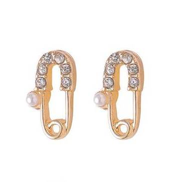 Safety Pin Gold Pearl and Crystal Rhinestone Invisible Clip On Stud Earrings