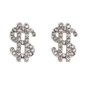 Small Silver $ Dollar Mark Crystal Rhinestone Invisible Clip On Stud Earrings