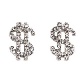 Small Silver $ Dollar Mark Crystal Rhinestone Invisible Clip On Stud Earrings
