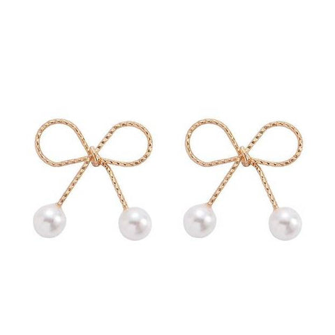 Gold Ribbon White Pearl Tie Invisible Clip On Stud Earrings