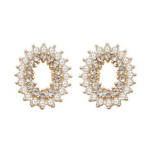 Oval White Pearl Crystal Rhinestone Invisible Clip On Stud Earrings