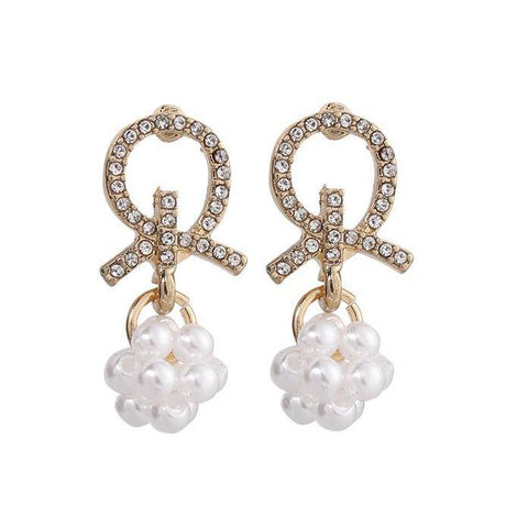Dangle White Pearl Ball with Crystal Rhinestone Open Circle Gold Invisible Clip On Stud Earrings