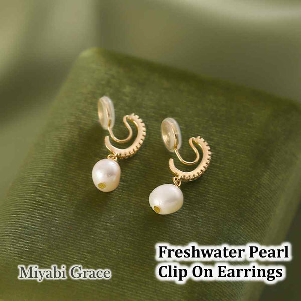 Dangle White Freshwater Pearl & Gold Cubic Zirconia Crystal Bar Coil Clip On Earrings