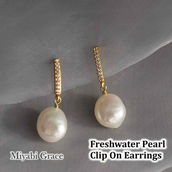 Dangle White Freshwater Pearl & Gold Cubic Zirconia Crystal Bar Coil Clip On Earrings
