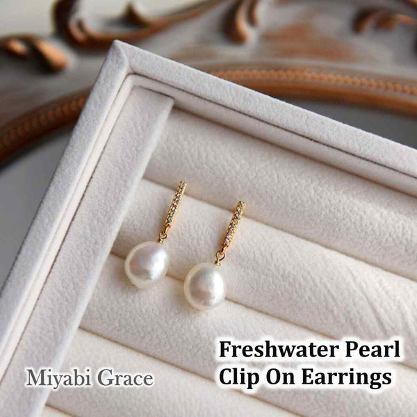 Dangle White Freshwater Pearl & Gold Cubic Zirconia Crystal Bar Coil Clip On Earrings