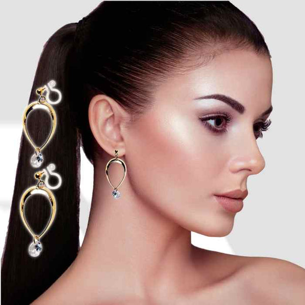 Dangle Teardrop CZ Cubic Zirconia Crystal Invisible Clip On Earrings