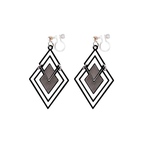 Dangle Double Diamond Shaped Filigree Invisible Clip On Earrings