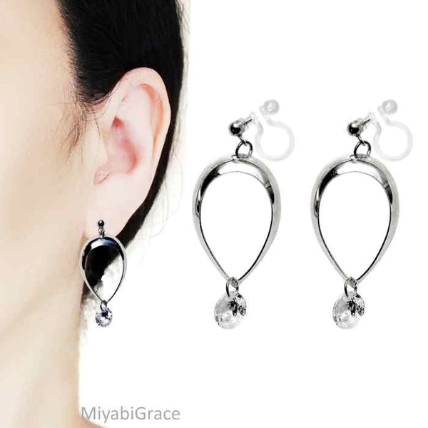 Dangle Teardrop CZ Cubic Zirconia Crystal Invisible Clip On Earrings