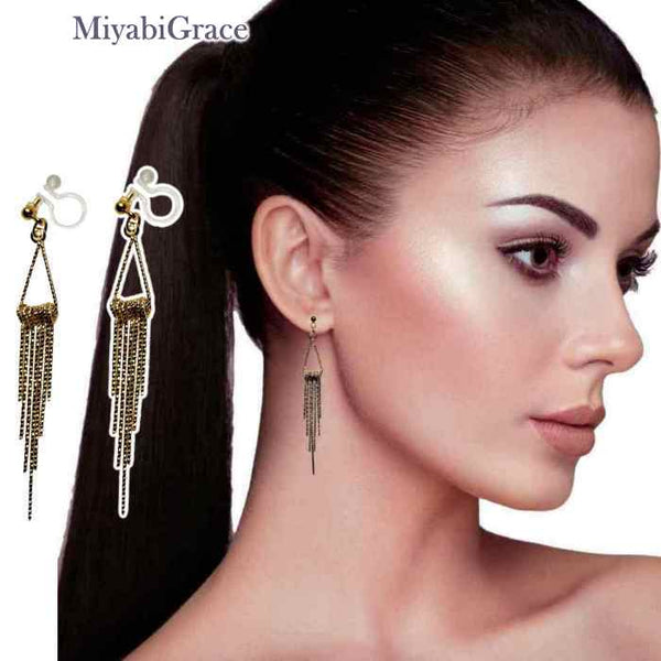 Glamorous Gradated Fringe Bar Invisible Clip-On Earrings | Luxe and Lightweight