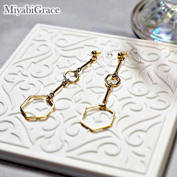 Contemporary Gold Hexagon Long Chain Dangle Invisible Clip-On Earrings | Elegantly Lightweight