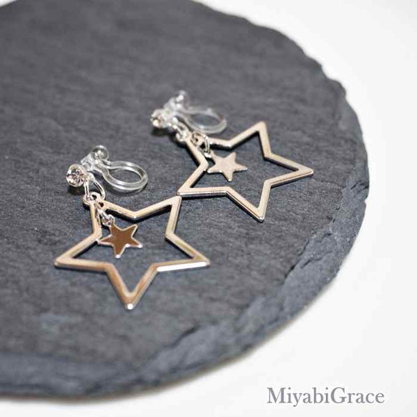 Dangle  Double Star Invisible Clip On Earrings