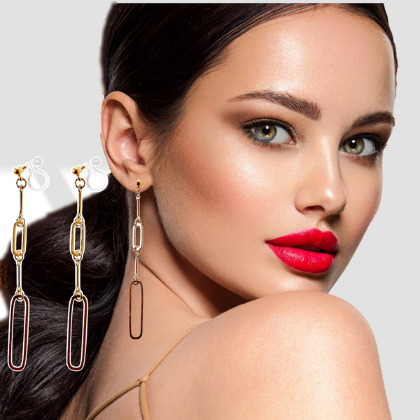 Sleek Linear Elegance Invisible Clip-On Earrings | Modern Gold Long Chain Design