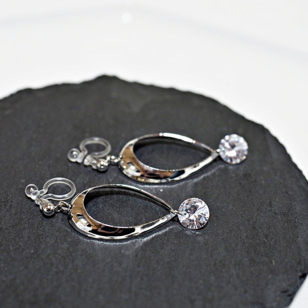 Dangle Teardrop CZ Cubic Zirconia Crystal Invisible Clip On Earrings
