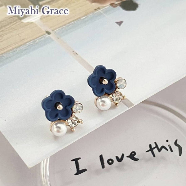 Small Blue Flower and White Pearl Invisible Clip On Stud Earrings