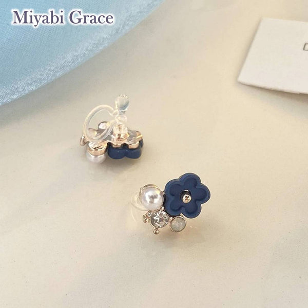 Small Blue Flower and White Pearl Invisible Clip On Stud Earrings