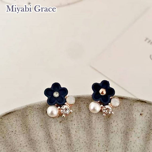 Small Blue Flower and White Pearl Invisible Clip On Stud Earrings