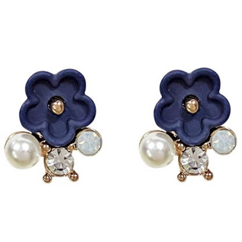 Small Blue Flower and White Pearl Invisible Clip On Stud Earrings