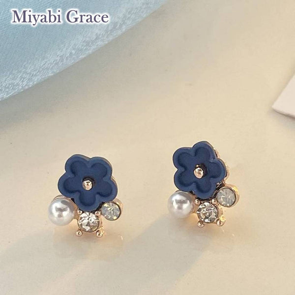 Small Blue Flower and White Pearl Invisible Clip On Stud Earrings