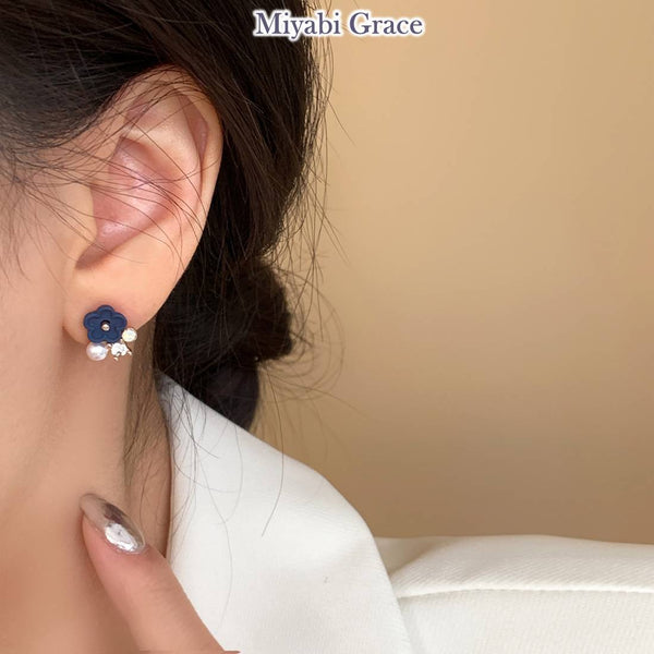Small Blue Flower and White Pearl Invisible Clip On Stud Earrings