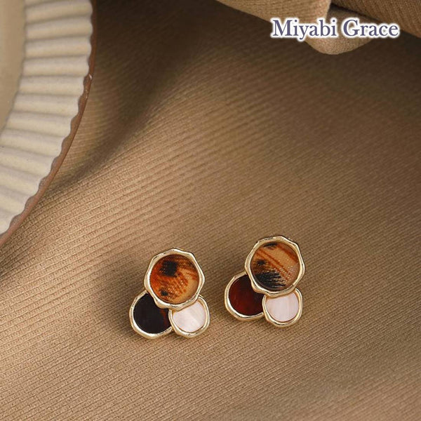 Brown Black White Circle Gold Invisible Clip On Stud Earrings