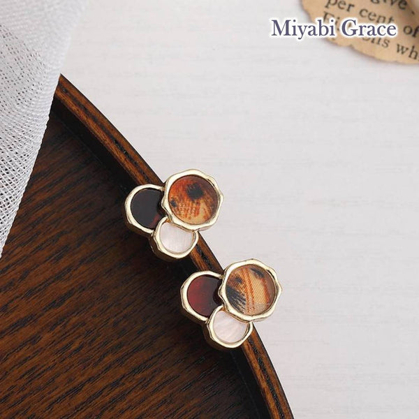 Brown Black White Circle Gold Invisible Clip On Stud Earrings