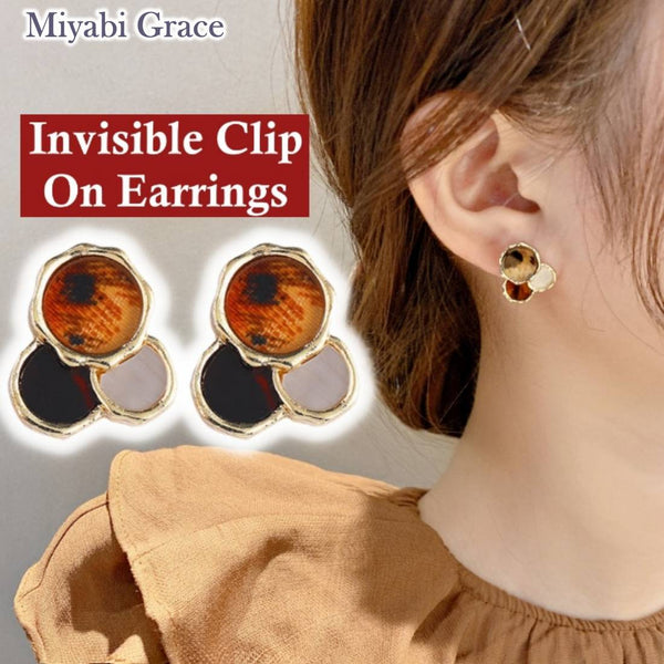 Brown Black White Circle Gold Invisible Clip On Stud Earrings