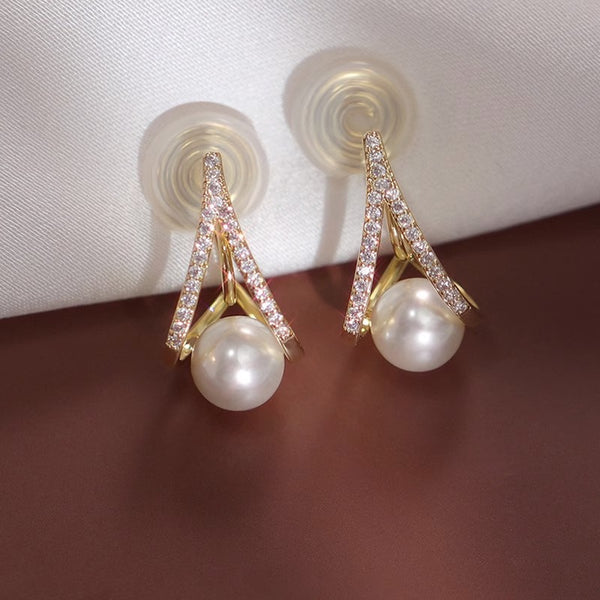 White Freshwater Pearl & Triange Cubic Zirconia Crystal CZ Coil Clip On Earrings