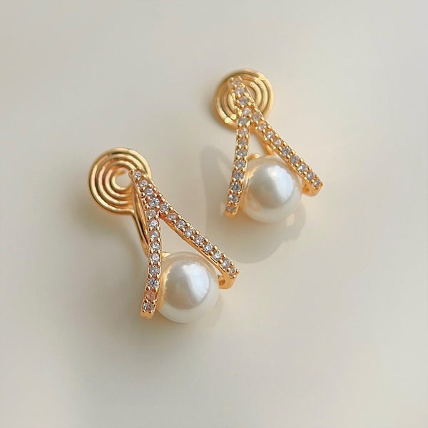 White Freshwater Pearl & Triange Cubic Zirconia Crystal CZ Coil Clip On Earrings