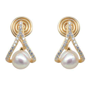 White Freshwater Pearl & Triange Cubic Zirconia Crystal CZ Coil Clip On Earrings