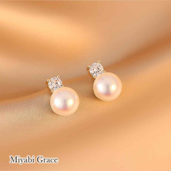 White Freshwater Pearl & Gold Cubic Zirconia Crystal CZ Stud Gold Coil Clip On Earrings