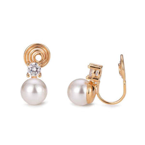 White Freshwater Pearl & Gold Cubic Zirconia Crystal CZ Stud Gold Coil Clip On Earrings