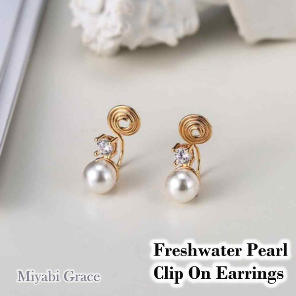 White Freshwater Pearl & Gold Cubic Zirconia Crystal CZ Stud Gold Coil Clip On Earrings