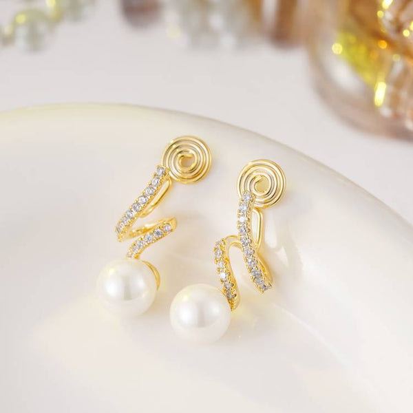 White Freshwater Pearl & Wave Cubic Zirconia Crystal CZ Gold Coil Clip On Earrings