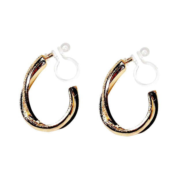 Textured Cross Invisible Clip On Hoop Earrings (Gold/Silver)