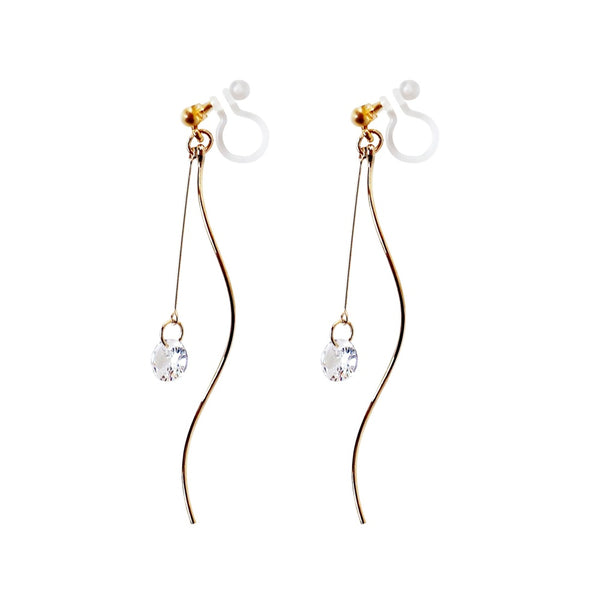 Elegant Gold Wave Bar Cubic Zirconia Invisible Clip-On Earrings | Graceful &amp; Featherlight