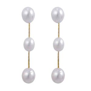 Dangle Three White Freshwater Pearl Long Gold Chain Coil ClipOn Earrings
