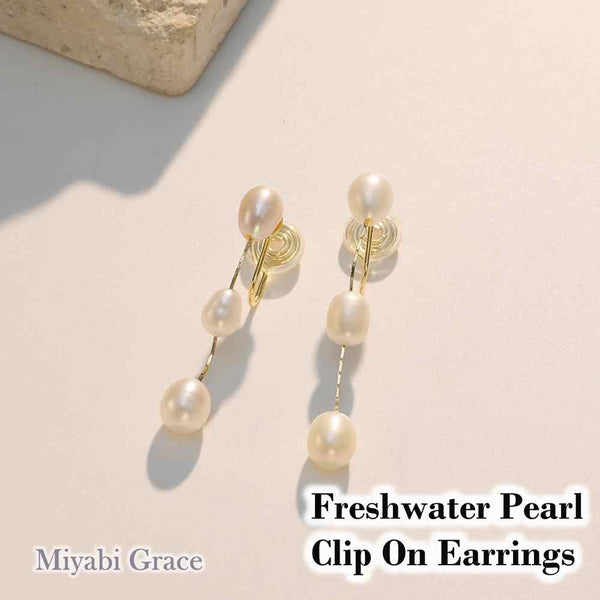 Dangle Three White Freshwater Pearl Long Gold Chain Coil ClipOn Earrings